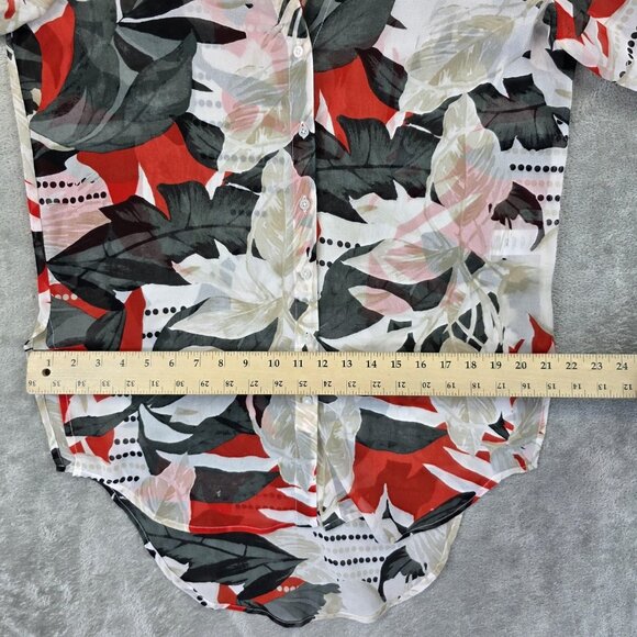 Calvin Klein Shirt Womens Medium Red Black Floral Sheer Button Front Tunic Top - Picture 7 of 11